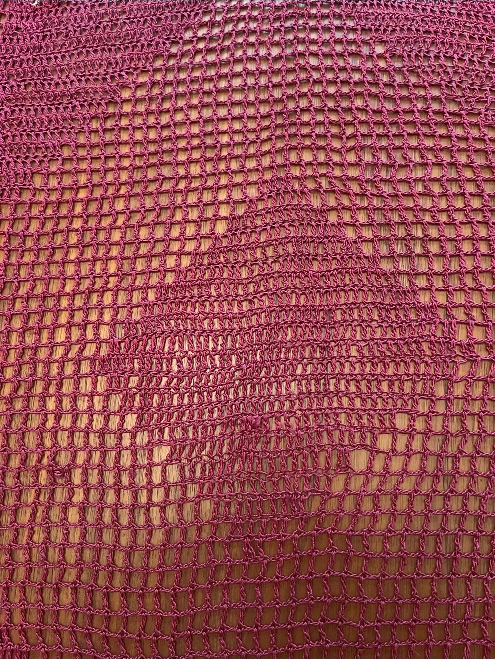 Antique Hand Crochet Burgundy Fringe Tablecloth